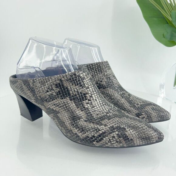 AGL Italy Women Mule Size 39 9 Pointed Block Heel Snake Tan Cream Black Leather - Picture 1 of 16
